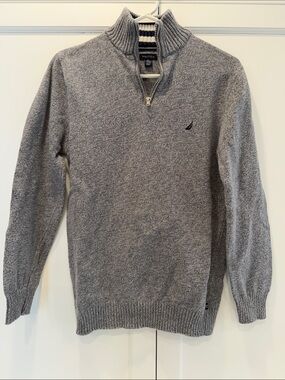Nautica Big Boy/Kids Light Gray Quarter-Zip Sweater w/ Navy Blue Striped Collar